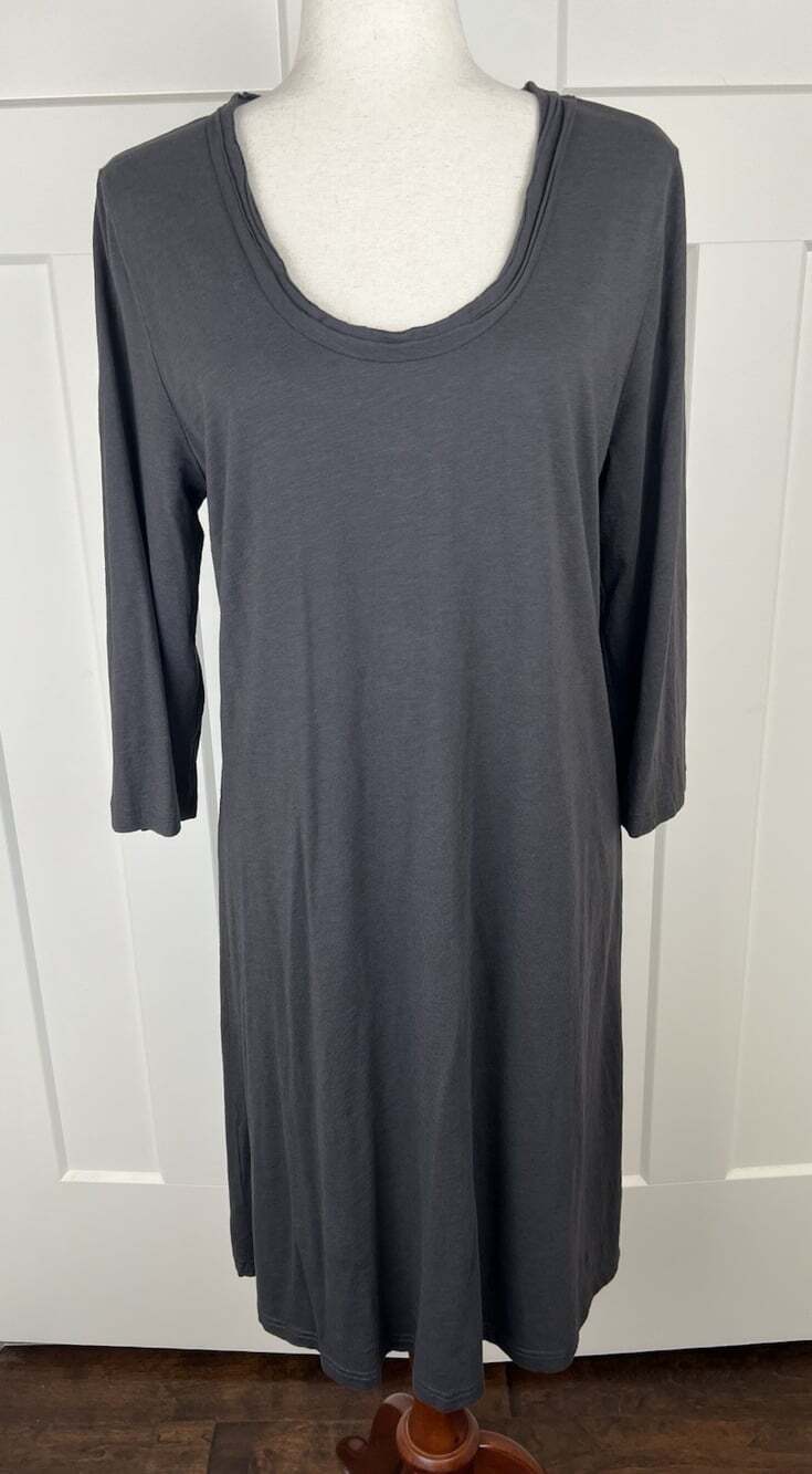 Garnet Hill Dress L Charcoal Gray Cotton Modal 3/4 Sleeve Scoop Neck Casual